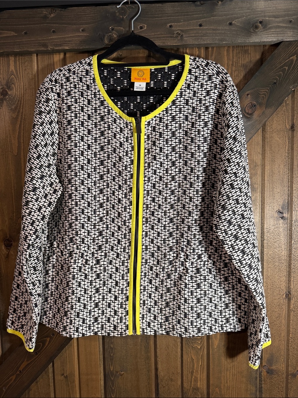 Ruby Rd. Black and White Woven Jacket with Yellow Trim